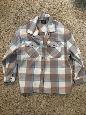 Plaid Snap-Front Shacket in Cream, Taupe & Light Blue